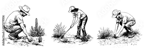Gardening workers cultivating plants in a desert landscape during daylight hours