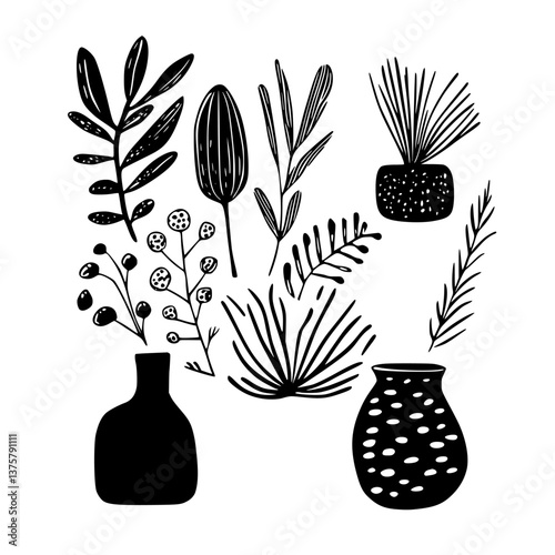 Stylized black and white botanical illustrations featuring various plants and vases
