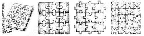 Various stages of completing a jigsaw puzzle displayed on a plain background