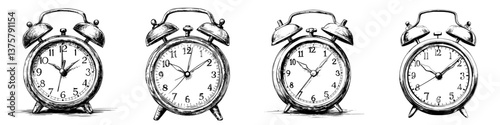 Four vintage alarm clocks showcasing different times and designs in a classic aesthetic from the early 20th century