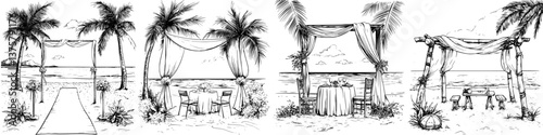Beach wedding decorations with arches, tables, and chairs under palm trees at sunset