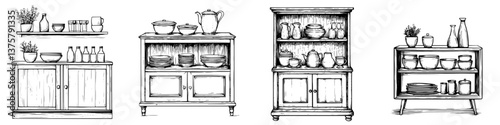 Collection of vintage cabinets with kitchenware displayed in a rustic style across various designs