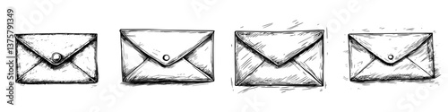 Various designs of envelopes sketched in black and white showcasing different shapes and sizes of mail packaging options