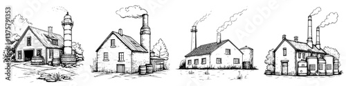 Historic distillery buildings with smokestacks and barrels in a rural landscape during daytime