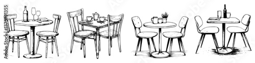 Various dining tables with chairs set for a casual gathering or meal in a simple, hand-drawn style