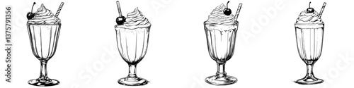 Delicious ice cream sundaes served in tall glasses with cherry on top, showcasing unique designs and textures