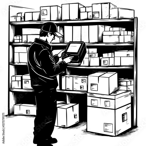 Worker organizing packages on shelves in a warehouse during daylight hours