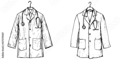 Medical coats hanging | Two sketches of doctor uniforms demonstrating details and differences in design