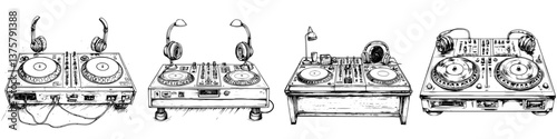 Multiple DJ turntables featuring varied designs and styles in a creative layout suitable for music enthusiasts and professionals