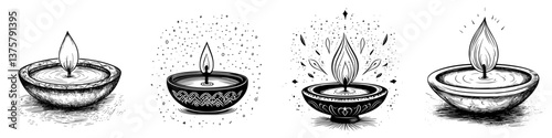 Decorative oil lamps with flickering flames feature intricate designs and patterns against a white background