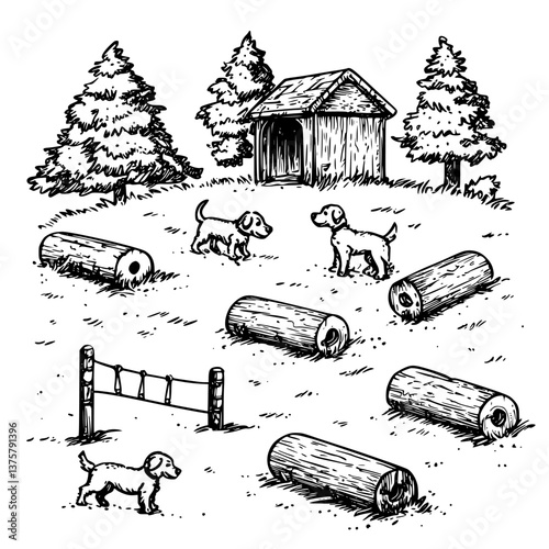 Dogs playing in a rural landscape with logs and a small shed during a sunny day