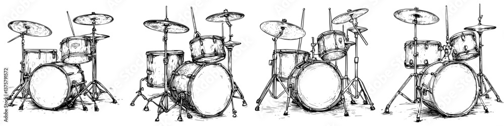 Drum set series showing different angles and configurations for musicians and designers in a creative workspace