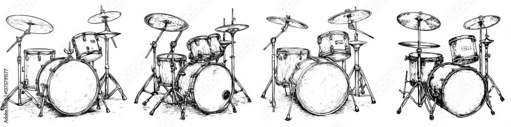 Illustration of multiple drum sets arranged in a dynamic composition showcasing various angles and configurations