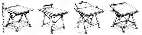Wooden drawing tables in various positions showcasing adjustable features and rustic design
