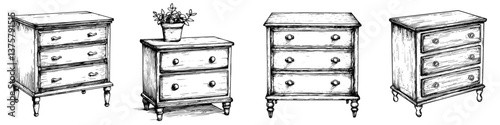 Various designs of vintage dressers showcasing unique styles and features in a home decor setting