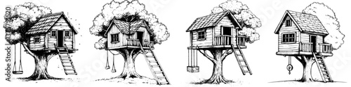 Creative treehouses designed with distinct features, showcasing various styles and enhancements for imaginative play