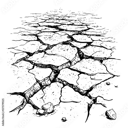 Cracked earth surface showing signs of drought and soil erosion in an arid landscape during daylight hours