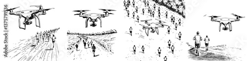 Drones capturing outdoor activities with runners and hikers in a scenic landscape during a sunny day