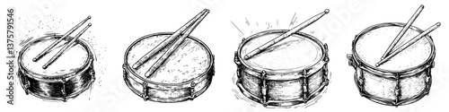 Different stages of drum playing illustrated with sticks rising, labelable to the rhythmic energy and excitement of percussion music creation