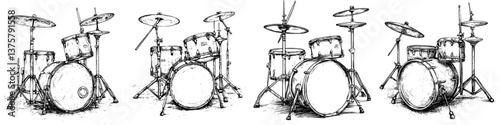 Drumming set illustration showcasing different angles and perspective of a standard drum kit in black and white