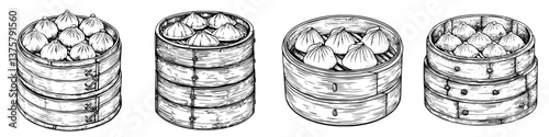 Traditional bamboo steamers filled with dumplings are stacked in a lively street market during early evening hours