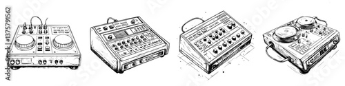 DJ equipment drawn in black and white showcasing various mixers and turntables for music mixing