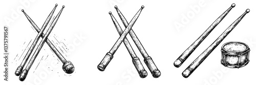 Drumsticks arranged in various positions with a snare drum in the background, showcasing craftsmanship and musical potential