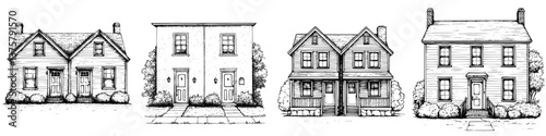 Illustration of four different styles of residential homes in a simple line art design