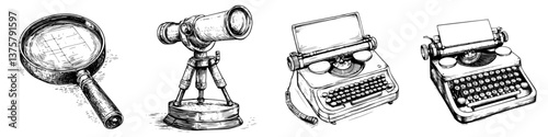 Exploration tools and vintage writing devices displayed in a creative arrangement