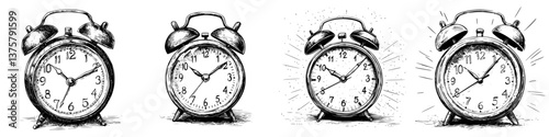 Vintage alarm clocks show the passage of time with various styles and designs in detailed illustrations