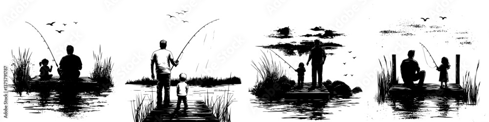 Enjoying a peaceful fishing day with family at the lake during sunset in a serene natural setting