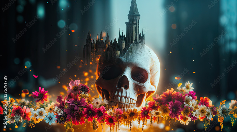 A skull, adorned with a gothic castle, rests amidst a vibrant floral arrangement.