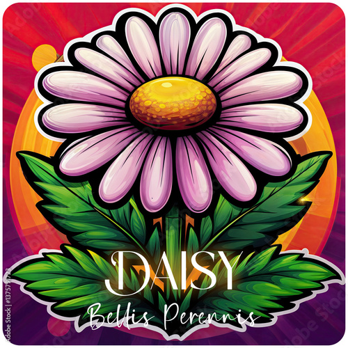 Obraz na płótnie a vibrant, stylized daisy with purple petals and a yellow center, surrounded by green leaves. The background is a gradient of red and orange, creating a bold and eye-catching effect. w salonie