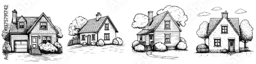 Diverse collection of hand-drawn houses showcasing unique architectural styles in a calm neighborhood setting