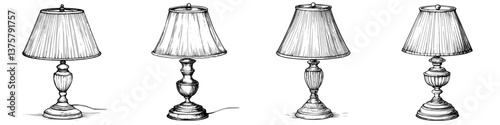 Collection of vintage lamps showcasing various designs and styles in line art illustration