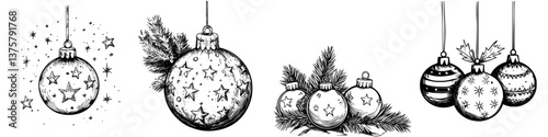 Unique black and white Christmas ornaments hanging with pine branches in festive celebration atmosphere
