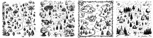 Exploring illustrated maps showing diverse landscapes with forests, rivers, mountains, and whimsical elements throughout the journey