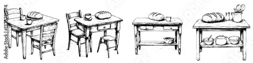 Rustic wooden tables with bread and kitchen items in a cozy setting depict a simple and inviting home atmosphere