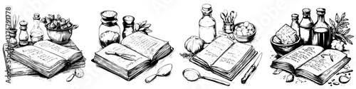 Illustration of vintage cooking recipes with ingredients and utensils in a rustic kitchen setting