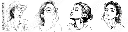 Women expressing confidence and style in various poses and outfits captured in an artistic sketch