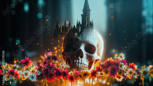 Obraz na płótnie A skull, adorned with a gothic castle, rests amidst a vibrant floral arrangement. w salonie