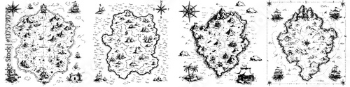 Historic treasure maps illustrating various island landscapes with ships, mountains, and tropical elements
