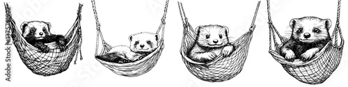 Cute animals relaxing in hanging hammocks during a sunny afternoon at an outdoor setting