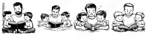 Family reading moments with children in cozy settings across different times of day