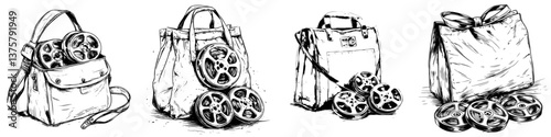 Vintage film reels in various bags showcasing the evolution of film storage and transport methods