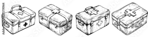 Various styles of vintage first aid kits arranged on a plain background showcasing their unique designs and features in intricate detail