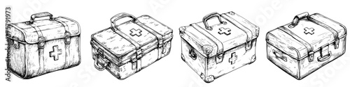 Collection of vintage medical kits on a white background showing varying designs and sizes