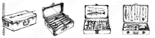Various fishing tackle boxes filled with gear for fishing enthusiasts in a creative illustration