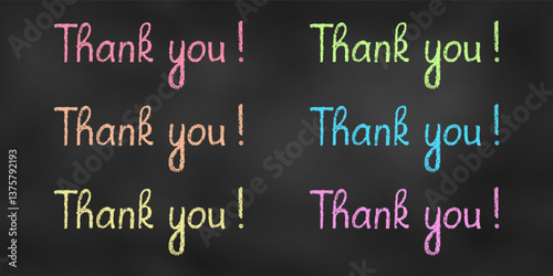 Children's Chalk Handwritten Sketch. Set of Design Elements Colorful Words Thank You Isolated on Black Chalkboard Backdrop.