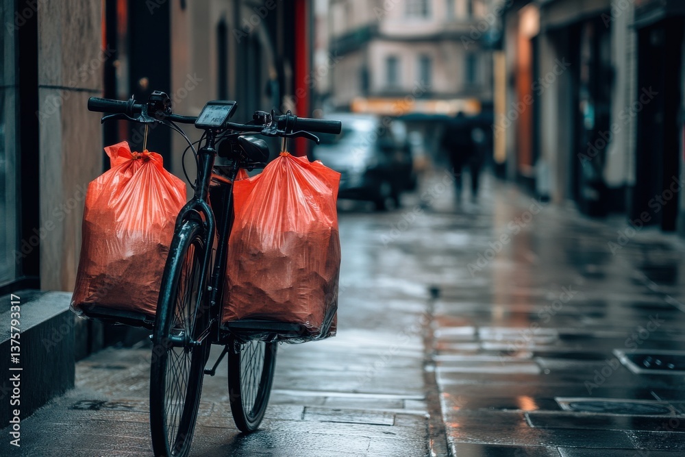 Obraz premium Delivery Bike with Bags in Wet City Street - Focus on Urban Transport and Cargo